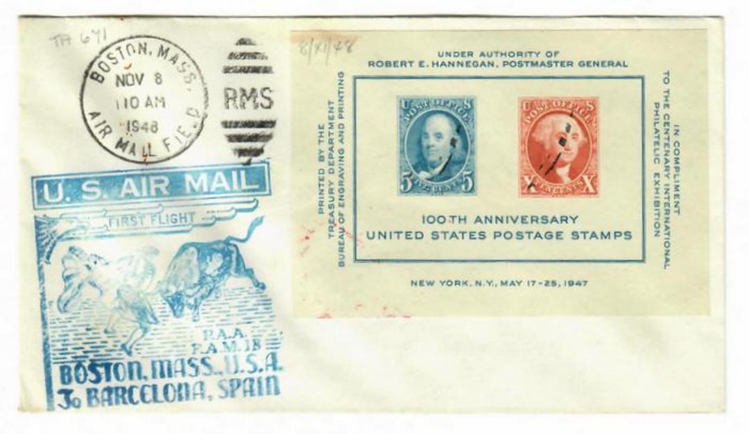 USA 1948 Pan American Airways First Clipper Flight Cover from Boston to Barcelona Spain. Blue Cachet. image 0
