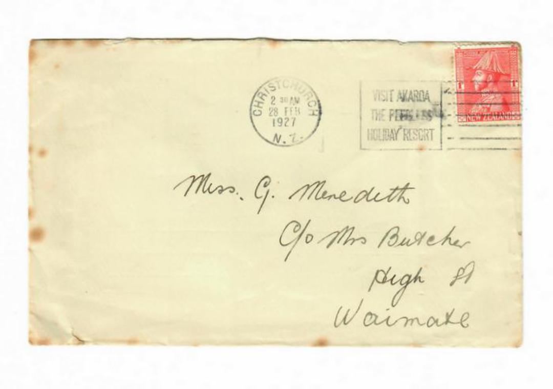 NEW ZEALAND 1927 Geo 5th Field Marshall 1d Red on cover. CP K15b. Slogan Postmark Christchurch 28/2/27.  CP has March as the dat image 0