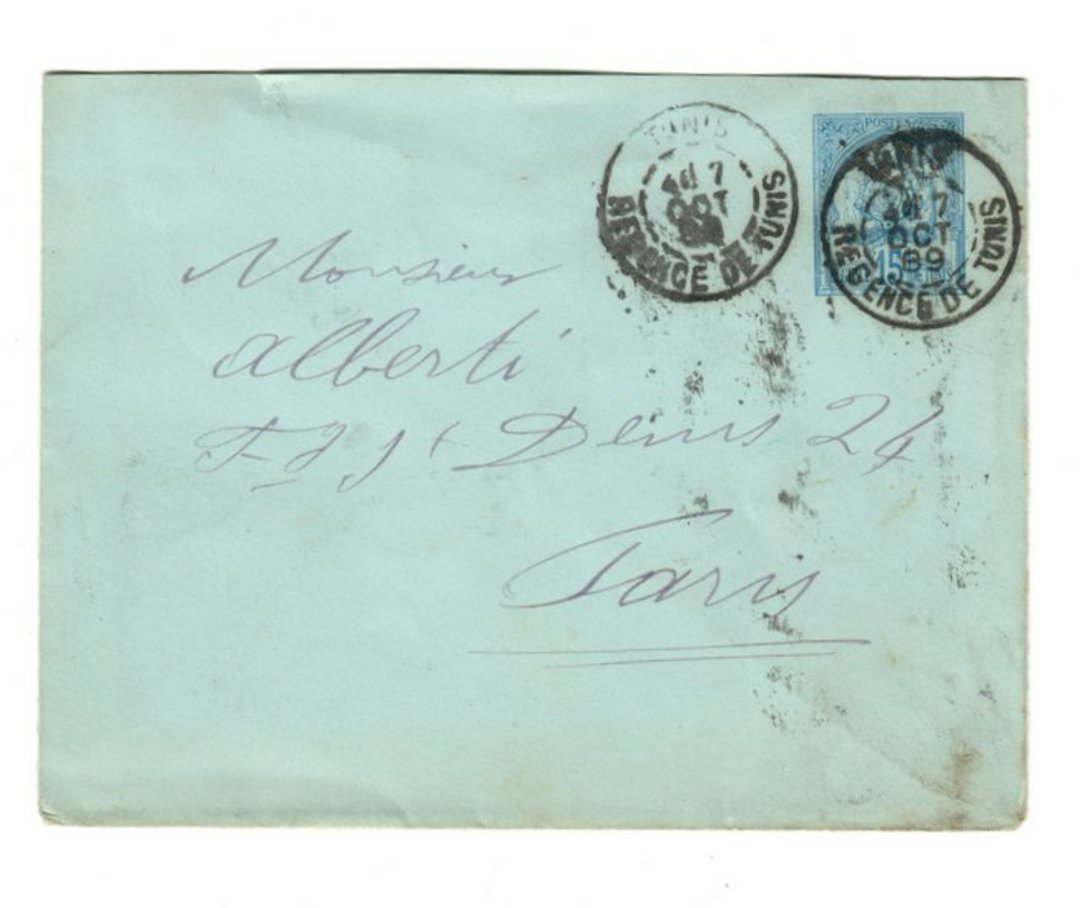 TUNISIA 1882 Postal Staionery 15c Blue sent from Tunis to Paris in 1899. - 38278 - PostalHist image 0