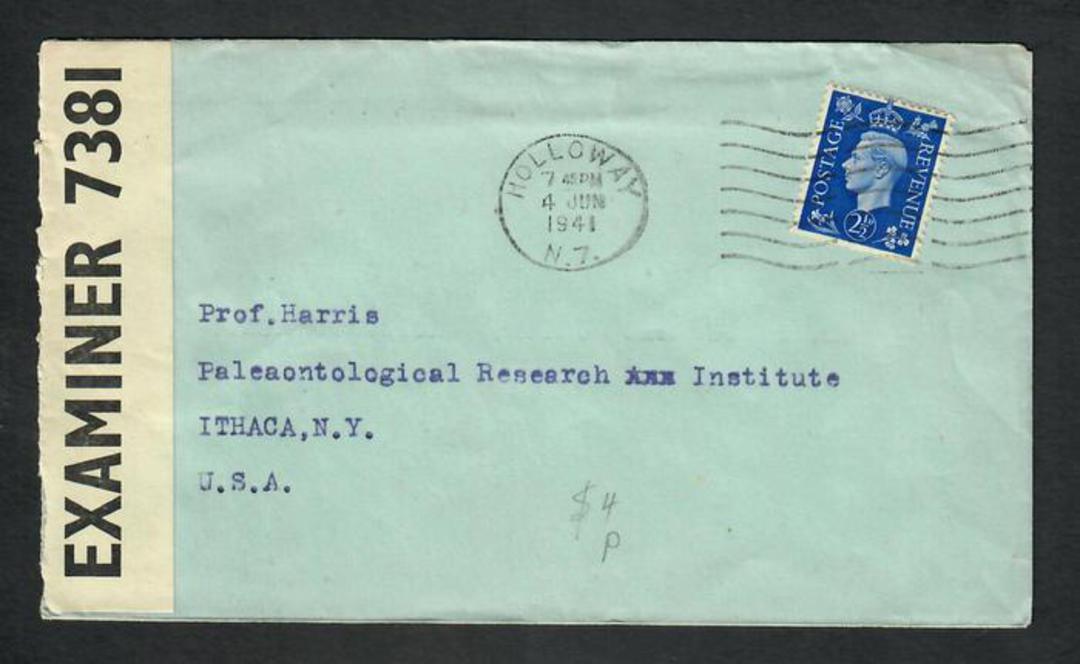 GREAT BRITAIN 1941 Letter from Holloway N7 to USA. Opened by Examiner 7381. - 32357 - PostalHist image 0