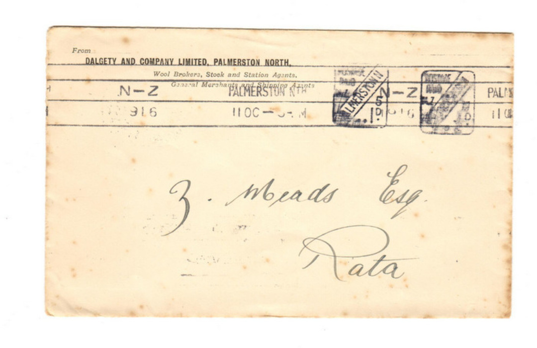 NEW ZEALAND 1916 cover from Dalgety Palmerston North to Z Meads Rata. Stamped with 1d and ½d meter marks Backstamps MARTON JUNCT image 0