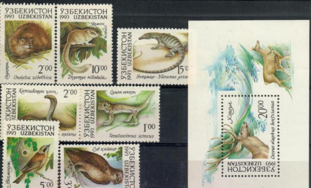 UZBEKISTAN 1993 Wildlife. Set of 7 and miniature sheet. Deer Reptiles Birds. - 20465 - UHM image 0