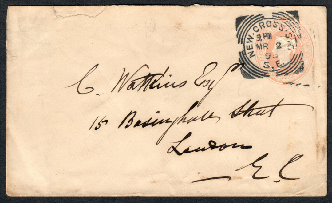 GREAT BRITAIN 1898 Embossed Letter from New Cross S O to London Backstamp London S O. - 37116 - PostalHist image 0