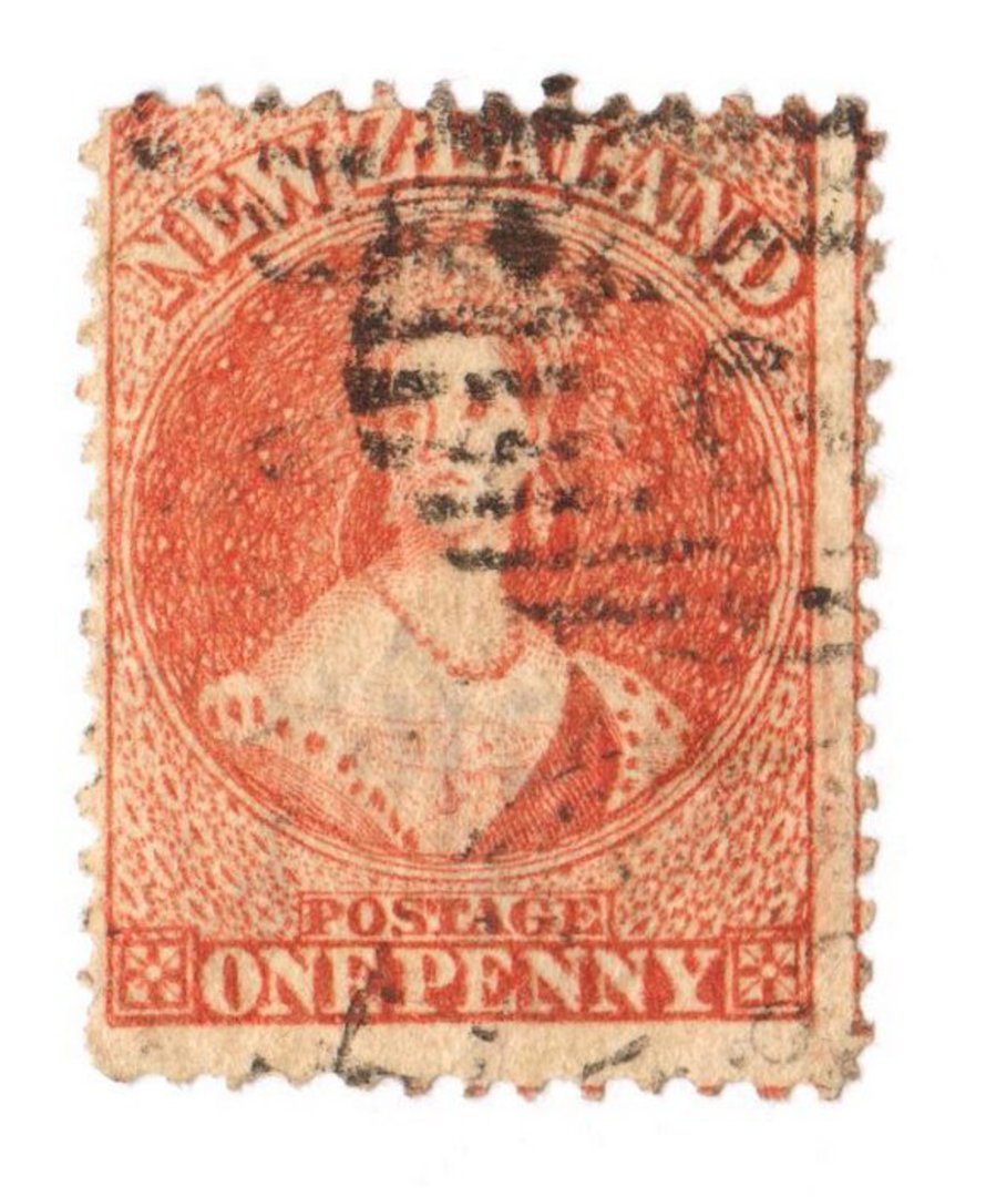 NEW ZEALAND 1862 Full Face Queen 1d Carmine-Vermilion. Definite red. Postmark over face. - 3581 - Used image 0