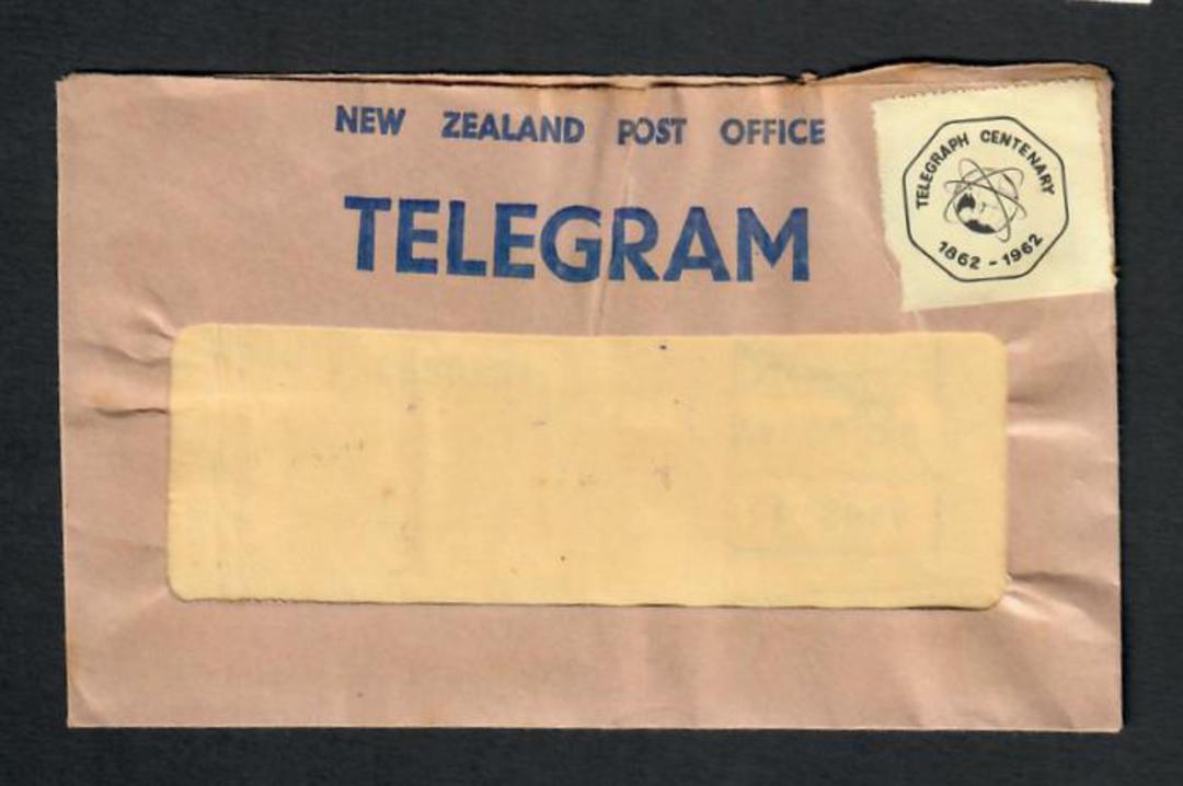NEW ZEALAND POST OFFICE TELEGRAM envelope with Telegraph dated 7/9/62. The envelope has the 1962 Telegraph Centenary cinderella. image 0
