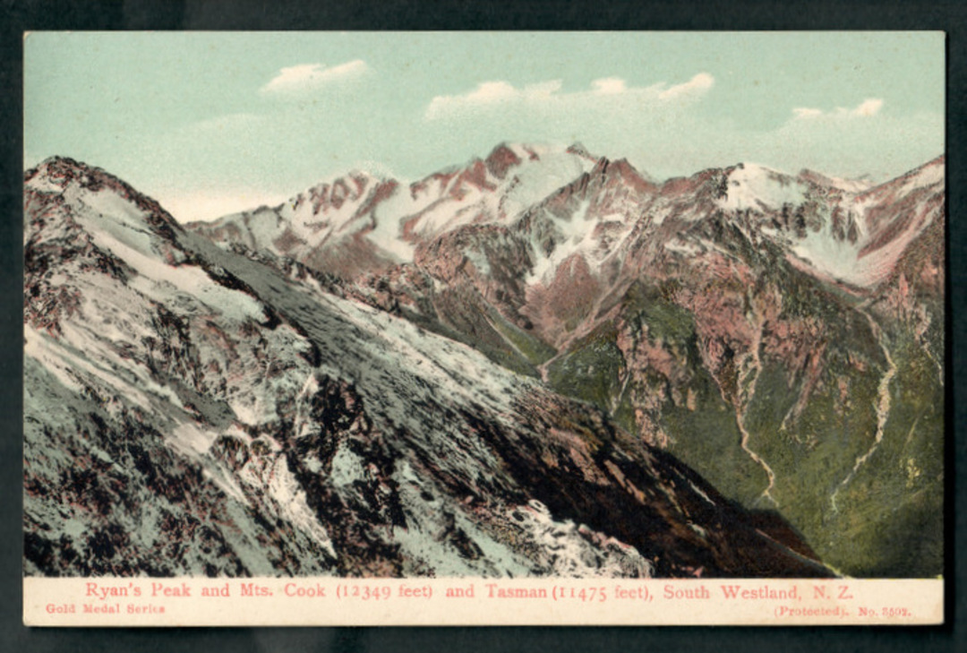 Coloured postcard of Ryans Peak Mt Cook and Mt Tasman. - 48878 - Postcard image 0