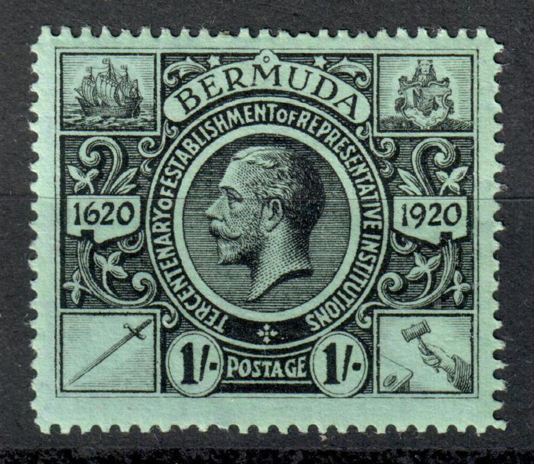 BERMUDA 1921 Tercentenary of Representitive Institutions. 2nd series. 1/- Black on Green. - 8250 - LHM image 0