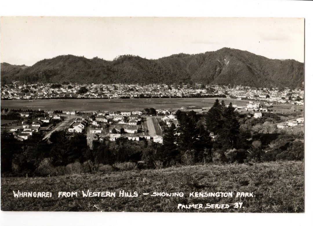 Real Photograph by T G Palmer & Son of Whangarei from the Western Hills showing Kensington Park. - 44828 - Postcard image 0