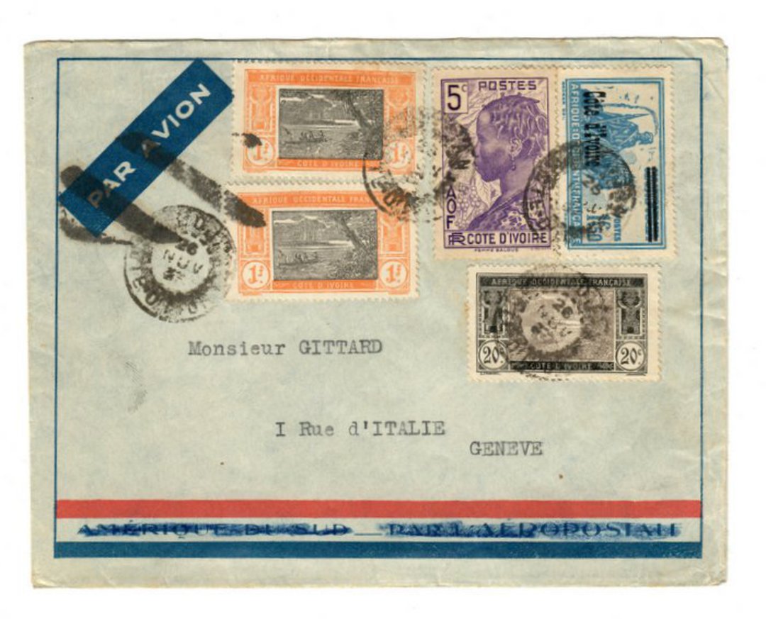 IVORY COAST 1937 Airmail Letter from Abidjan to Geneva. - 37647 - PostalHist image 0