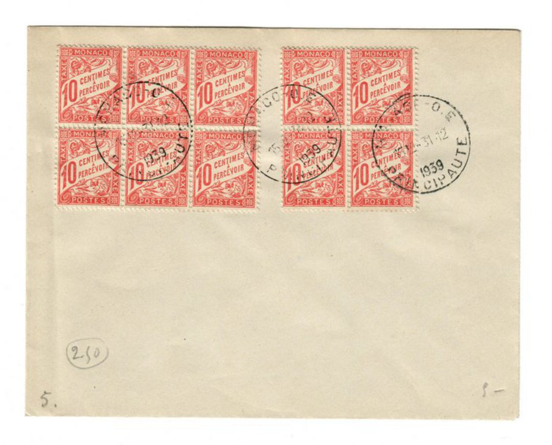 MONACO 1939 Envelope with two blocks (10) of SG D31. - 37854 - PostalHist image 0