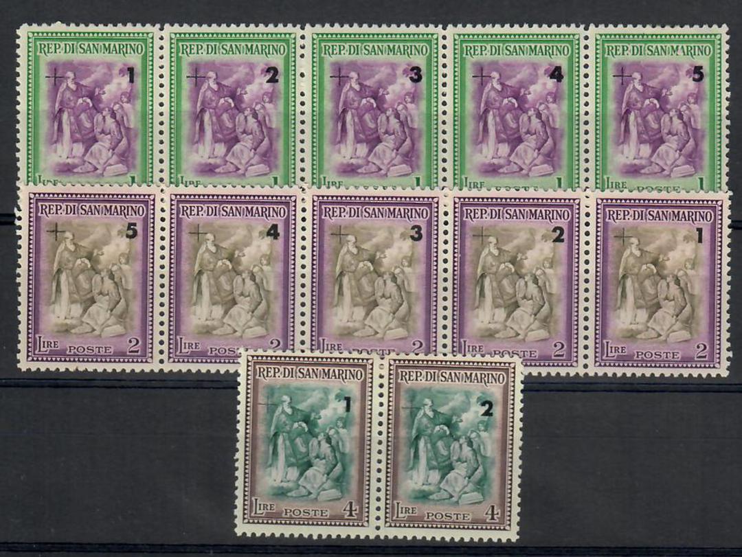 SAN MARINO 1947 Reconstruction Surchaarges. Set of 12 in Joined pair and strips. - 25481 - LHM image 0