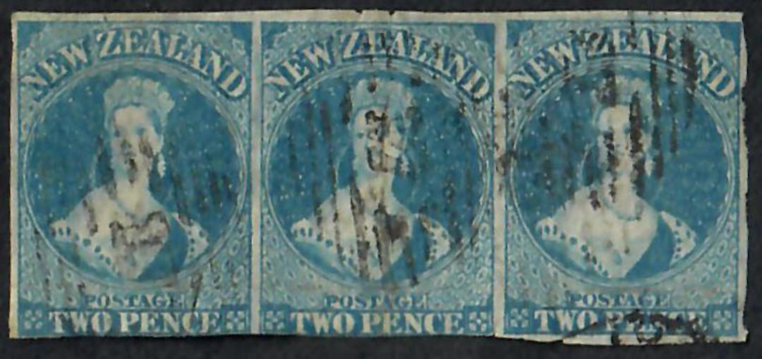 NEW ZEALAND 1855 Full Face Queen 2d Blue. Imperf. Strip of 3. Davies print.  Four good margins on the one stamp and 3 margins on image 0