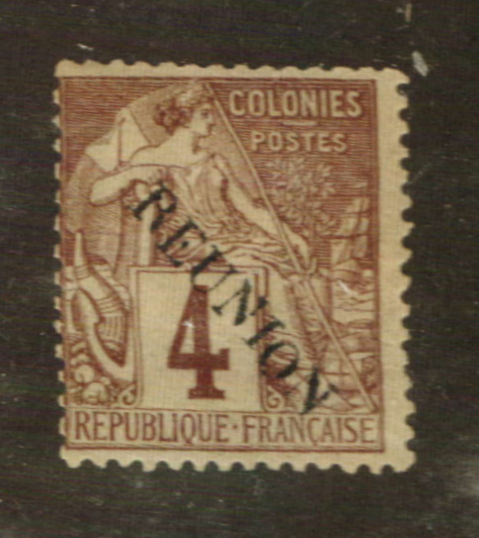 REUNION 1891 Definitive Surcharge 4c Purple-Brown on grey. Nice mint copy. Overprint somewhat defective. - 76455 - Mint image 0