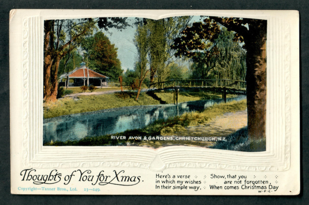 Coloured postcard of River Avon and Gardens Christchurch. Incorporates a Christmas message. - 48308 - Postcard image 0