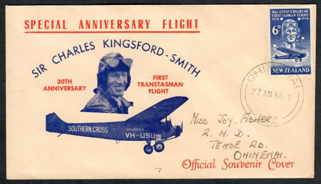 NEW ZEALAND 1958 Kingsford Smith on illustrated first day cover. Similar to 1GA 1GB and 1GC but the words at top left are much l image 0