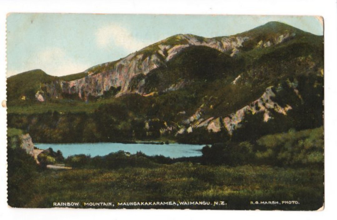 Coloured postcard by R G Marsh of Rainbow Mountain Maungakaramea Waimangu. - 46203 - Postcard image 0