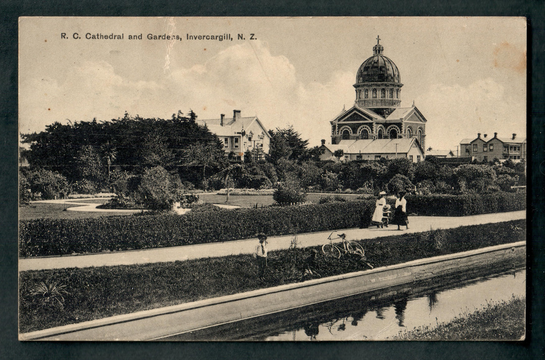 Postcard of the Roman Catholic Cathedral and Gardens Invercargill. - 49357 - Postcard image 0