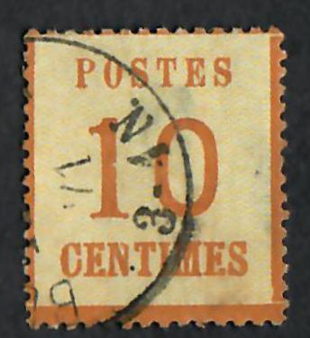 ALSACE and LORRAINE 1870 Definitive 10c Bistre. Points of the net upwards.  Genuine copy. "P" of Postes 3mm + from left edge. Th image 0