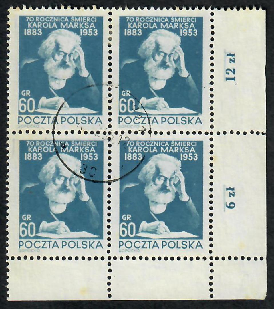 POLAND 1953 70th Anniversary of the Death of Karl Marx. Fine corner block of 4. One of Poland's harder to get stamps. - 23876 - image 0