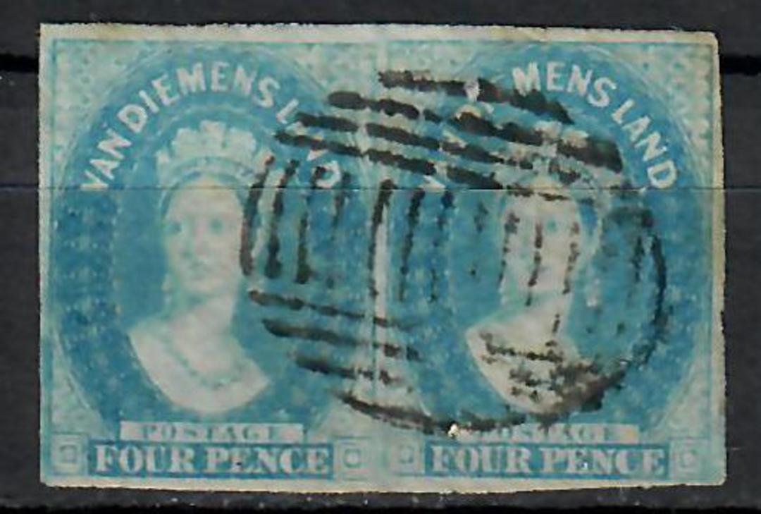 TASMANIA 1857 Victoria 1st Full Face Queen 4d Pale Blue. Nice pair. Full margins. Suitable cancel. - 70812 - VFU image 0