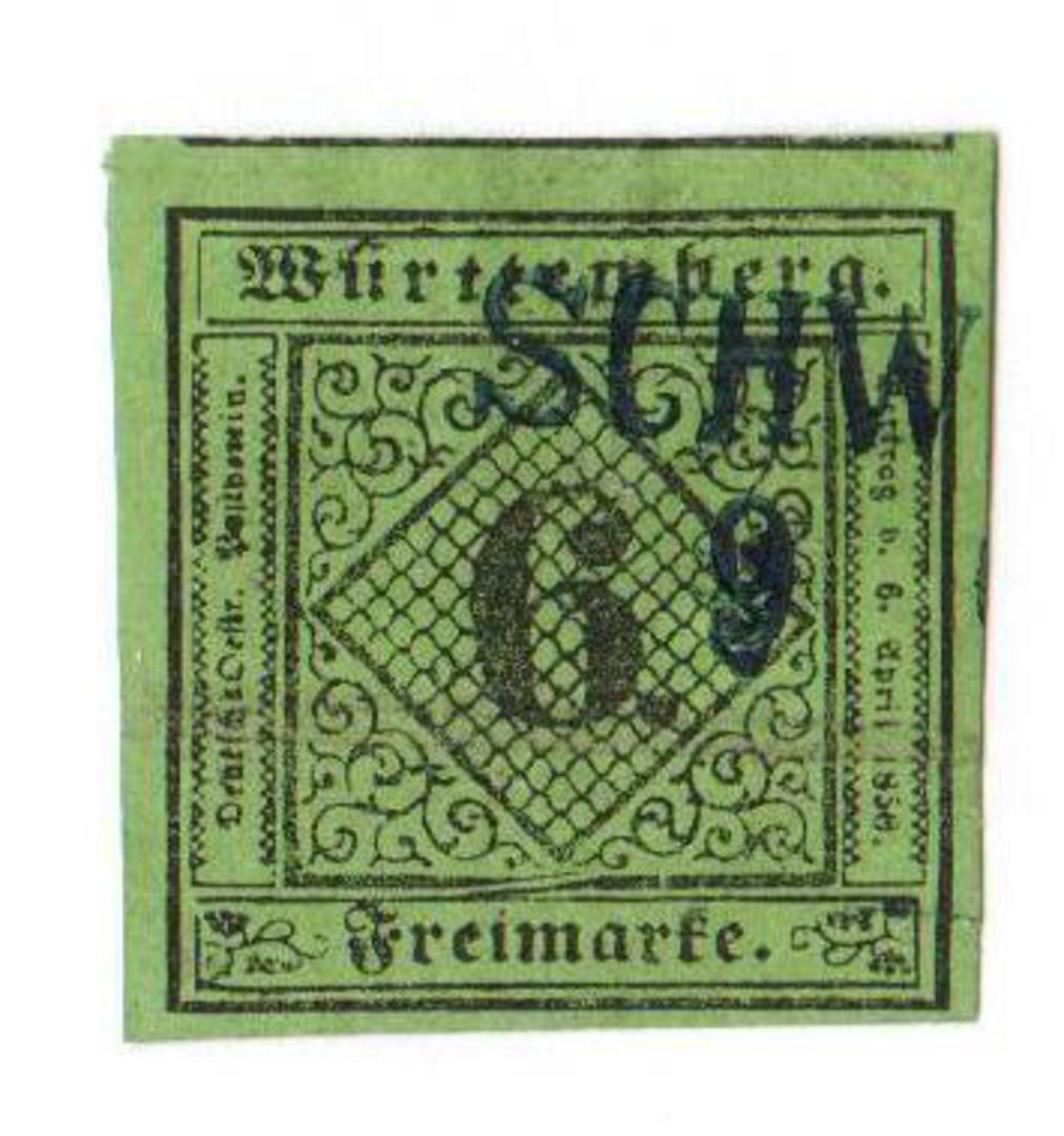 WURTTEMBERG 1851 Definitive 6kr Black on blue-green. Four huge margins. - 75504 - FU image 0