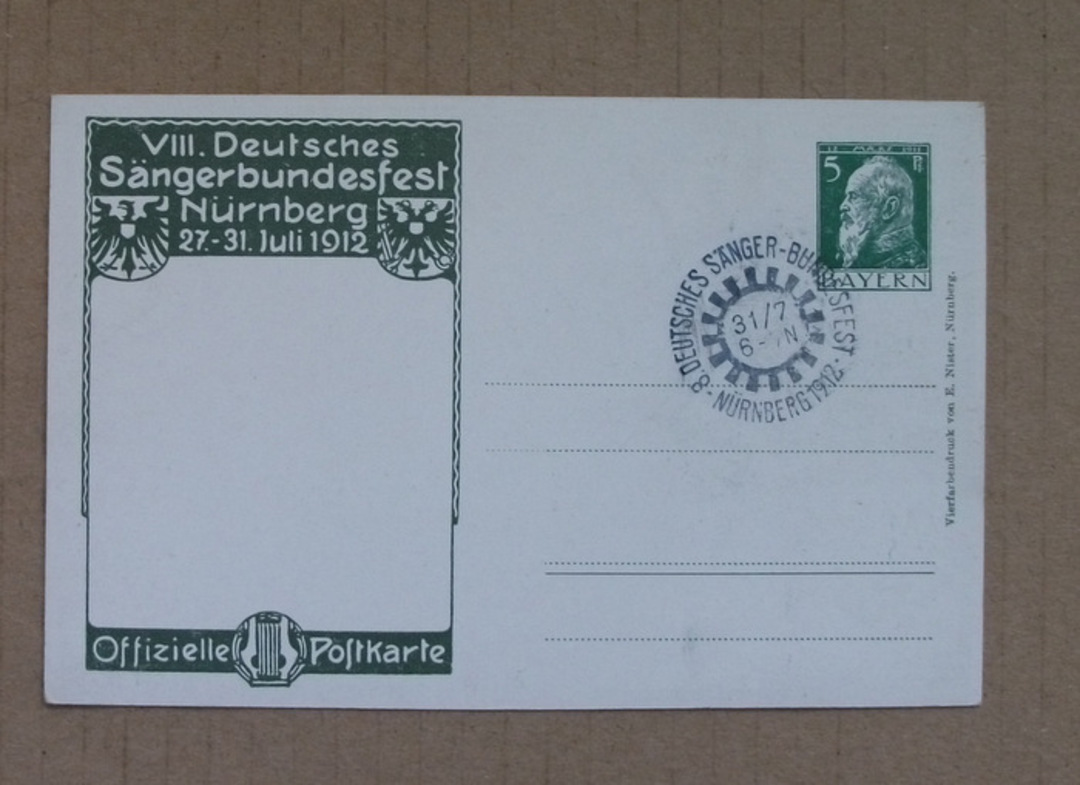 BAVARIA 1912 Semi-Official Postcard 5pf Green of the Eighth German Singing Competition in Nurnberg. Special Postmark. From the c image 0