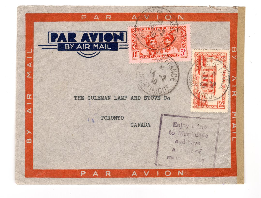 MARTINIQUE 1940 Airmail Letter from Fort de France to Canada. Two interesting cachets. - 37795 - PostalHist image 0