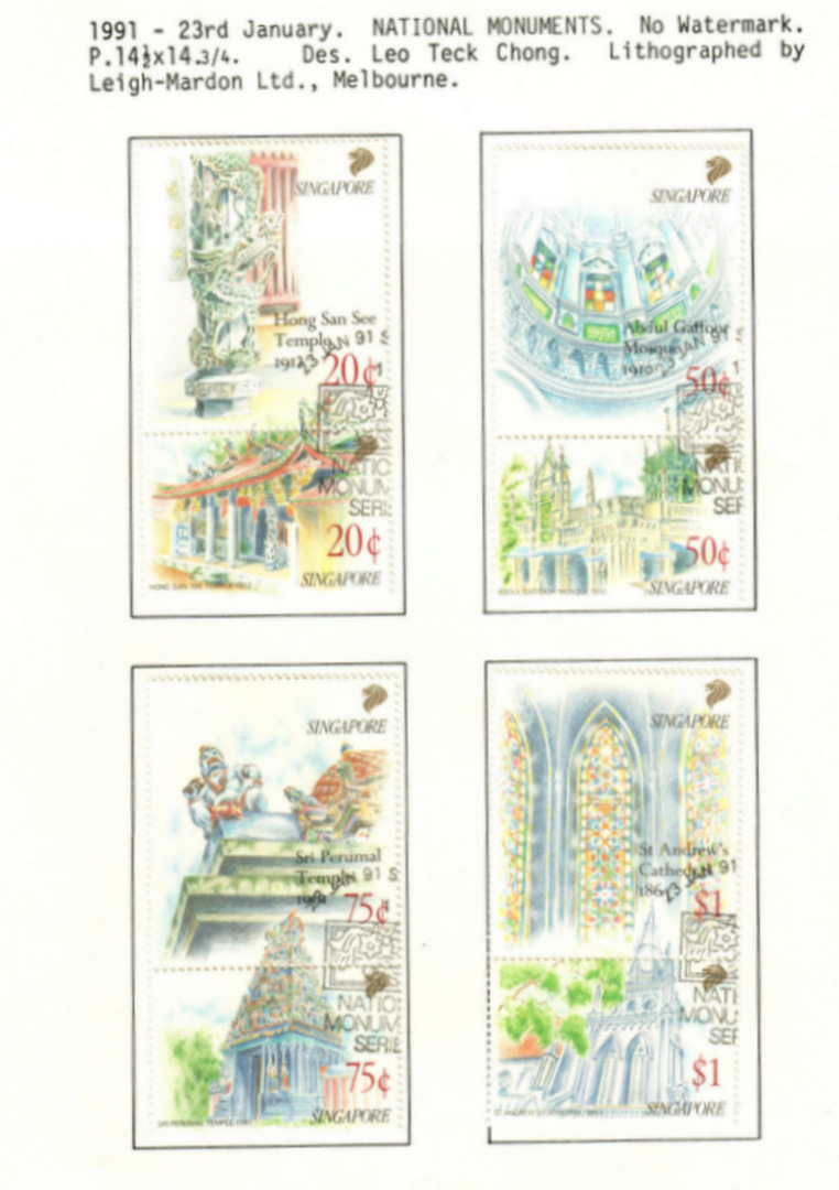 SINGAPORE 1991 National Monuments. Set of 8 in joined pairs. - 59628 - VFU image 0