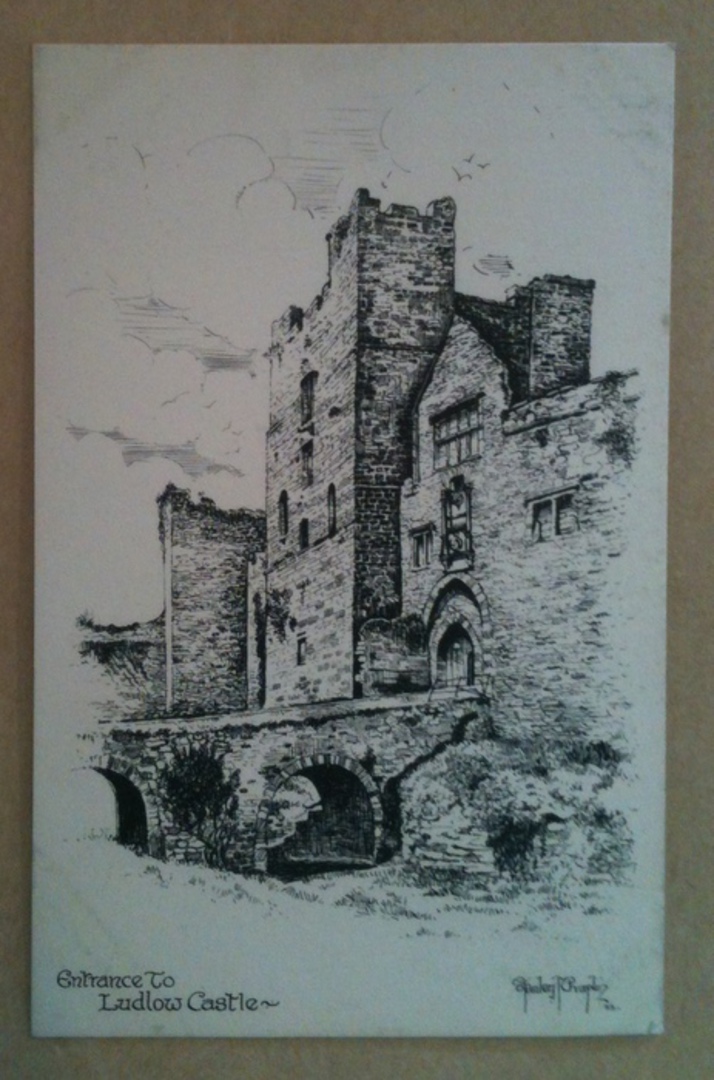 Postcard of Entrance to Ludlow Castle by Stanley Chaplin. A fine early unused pen and ink postcard in perfrct condition. - 24257 image 0