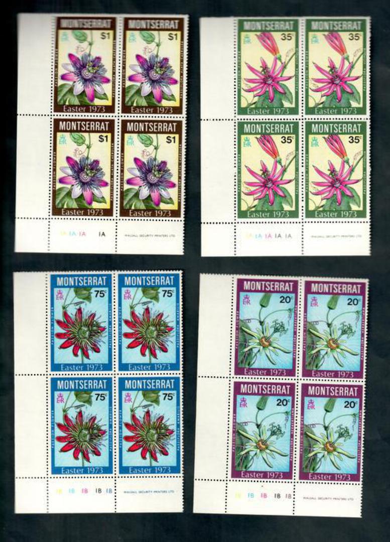 MONTSERRAT 1973 Easter Pasiion-Flowers. Set of 4 in plate blocks of 4. - 52120 - UHM image 0