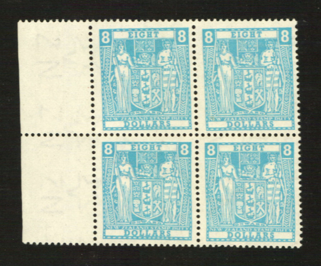 NEW ZEALAND 1967 Arms $8 Light Blue. Watermark Sideways. Perf 14 comb. Block of 4. - 21847 - UHM image 0