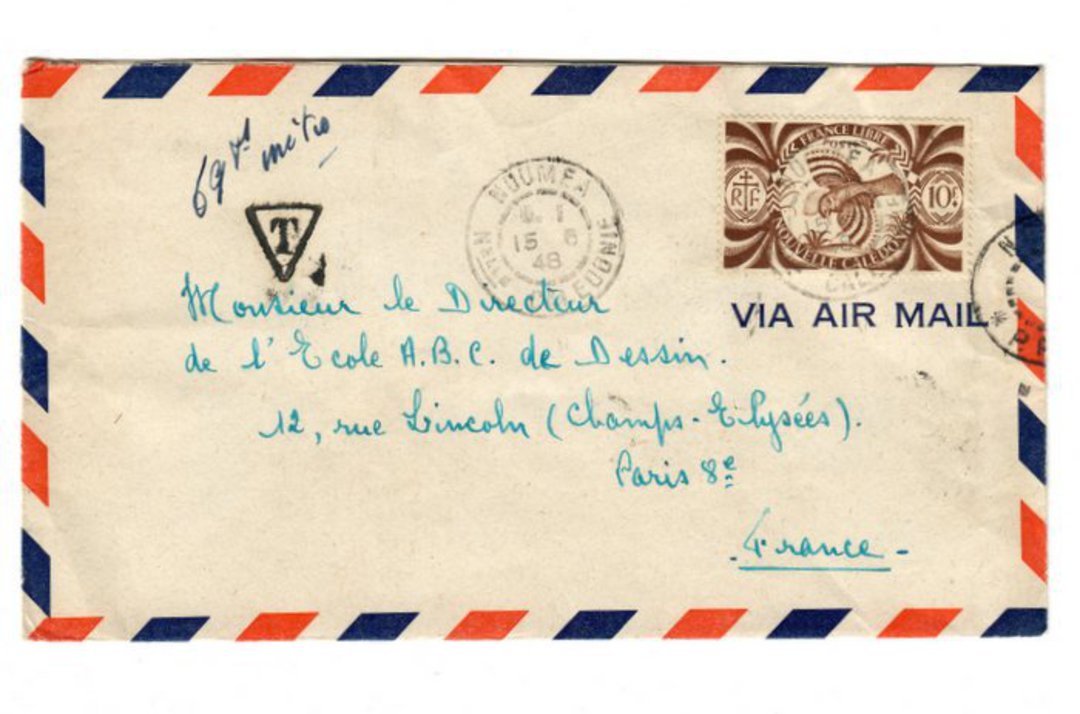 NEW CALEDONIA 1948 Airmail Letter from Noumea to Paris. Triangular T postage due mark. - 37878 - PostalHist image 0