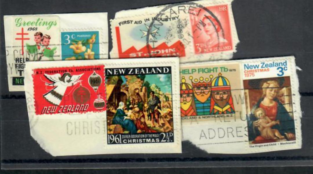 NEW ZEALAND 1960 thru 1975 Card with 4 on piece cinderellas all tied to the stamp. - 21682 - FU image 0