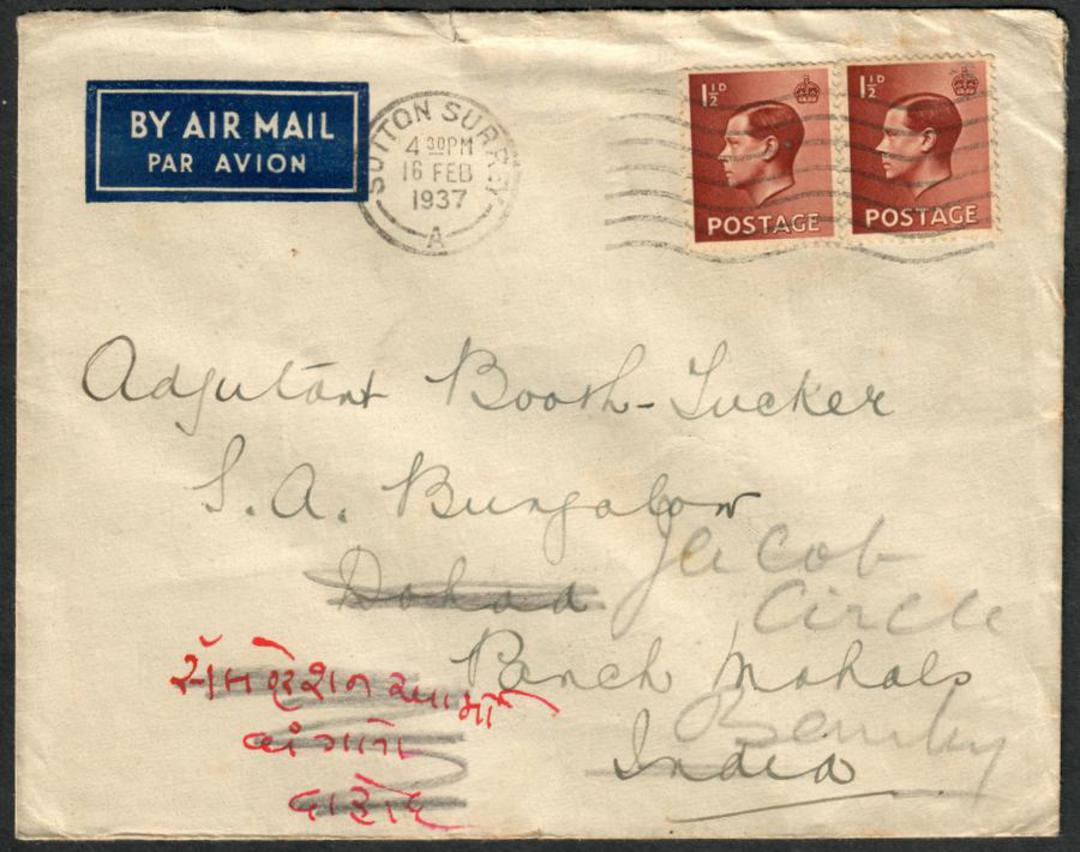 GREAT BRITAIN 1937 Airmail Letter to India with pair of Edward 8th 1½d. Redirected - 35248 - PostalHist image 0