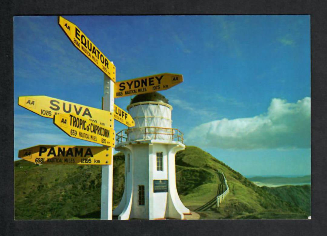 Modern Coloured Postcard by Gladys Goodall of the Signpost and Lighthouse Cape Reinga. - 444189 - Postcard image 0