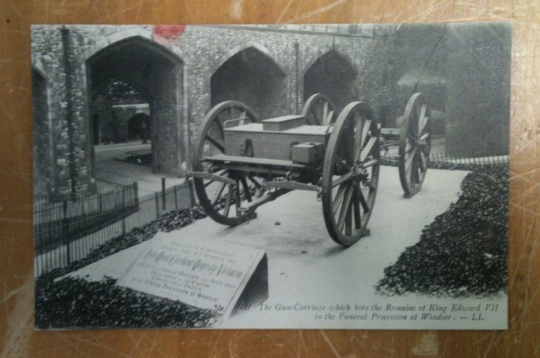 Real Photograph of the Gun Carriage which bore the remains of King Edward 7th to the funeral procession at Windsor. Red stain. - image 0