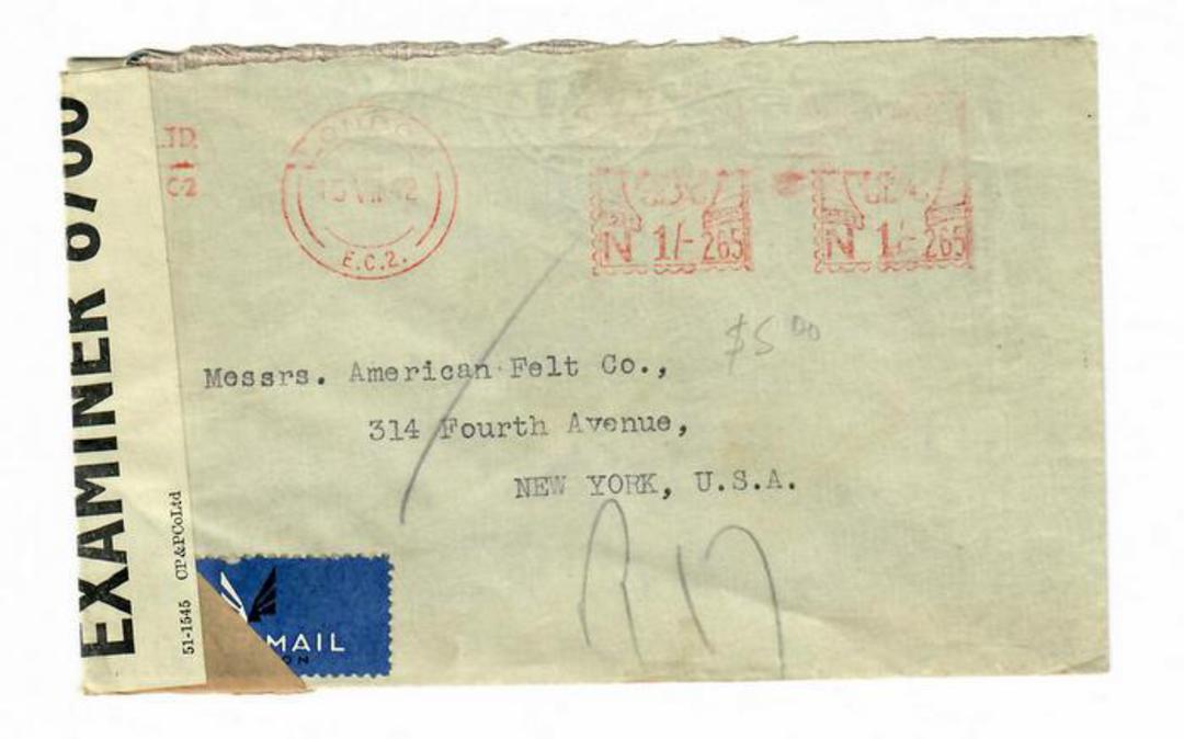 GREAT BRITAIN 1942 Censored Letter to New York. Opened by Examiner 6700. Early use of franking machine. - 30233 - War image 0
