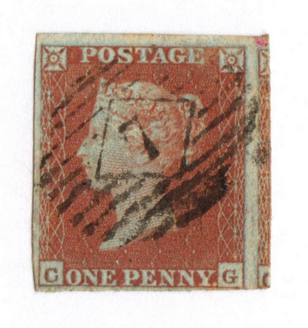 GREAT BRITAIN 1841 1d Pale Red-Brown. Worn Plates. Letters CG. Postmark 7 in diamond in bars. Four margins, just touching in one image 0