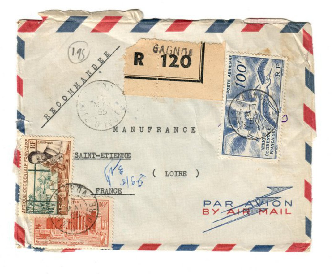 IVORY COAST 1955 Registered Letter from Gagnoa to France. Abidjan and Loire backstamps. - 37646 - PostalHist image 0