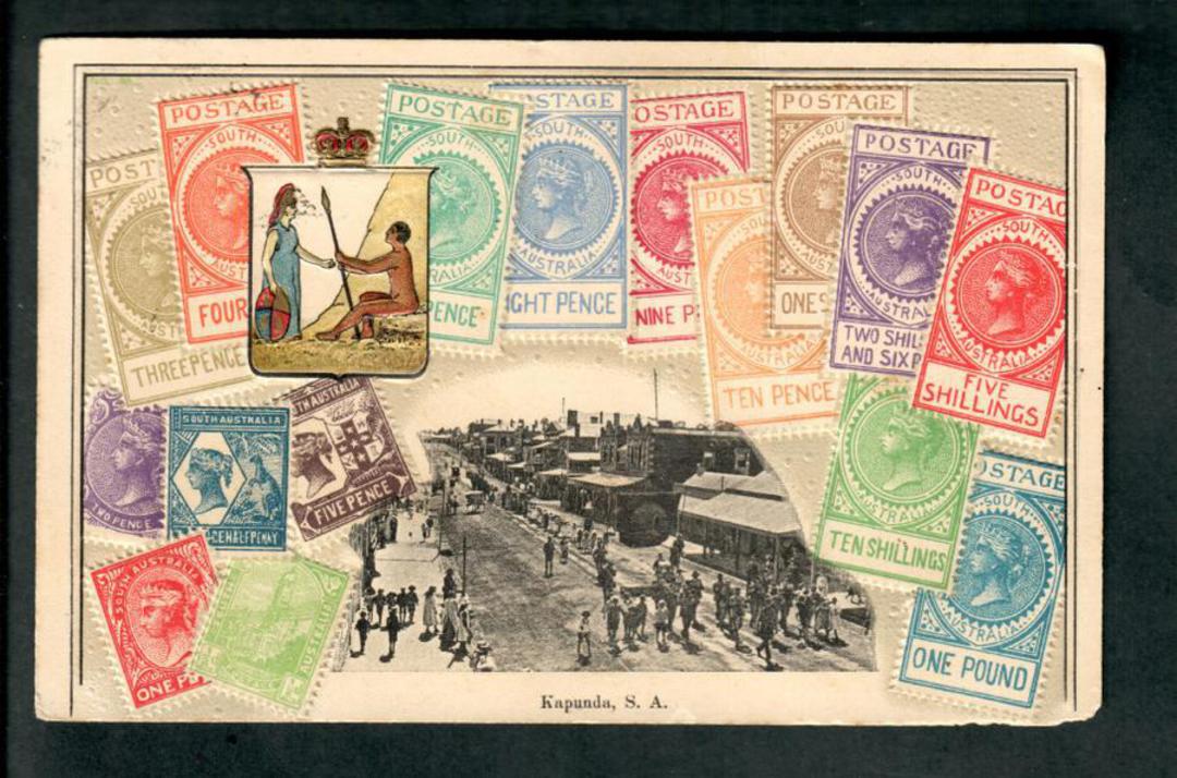 SOUTH AUSTRALIA Coloured postcard featuring the stamps of South Australia. T cachet on the reverse. Excellent condition. - 42107 image 0