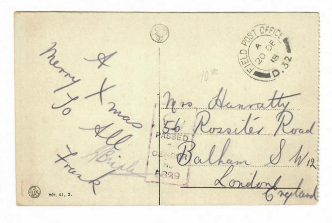 GREAT BRITAIN 1918 Field Post Office D32 20/12/18. Passed Field Censor 5829. Purple Box. - 30281 - PostalHist image 0