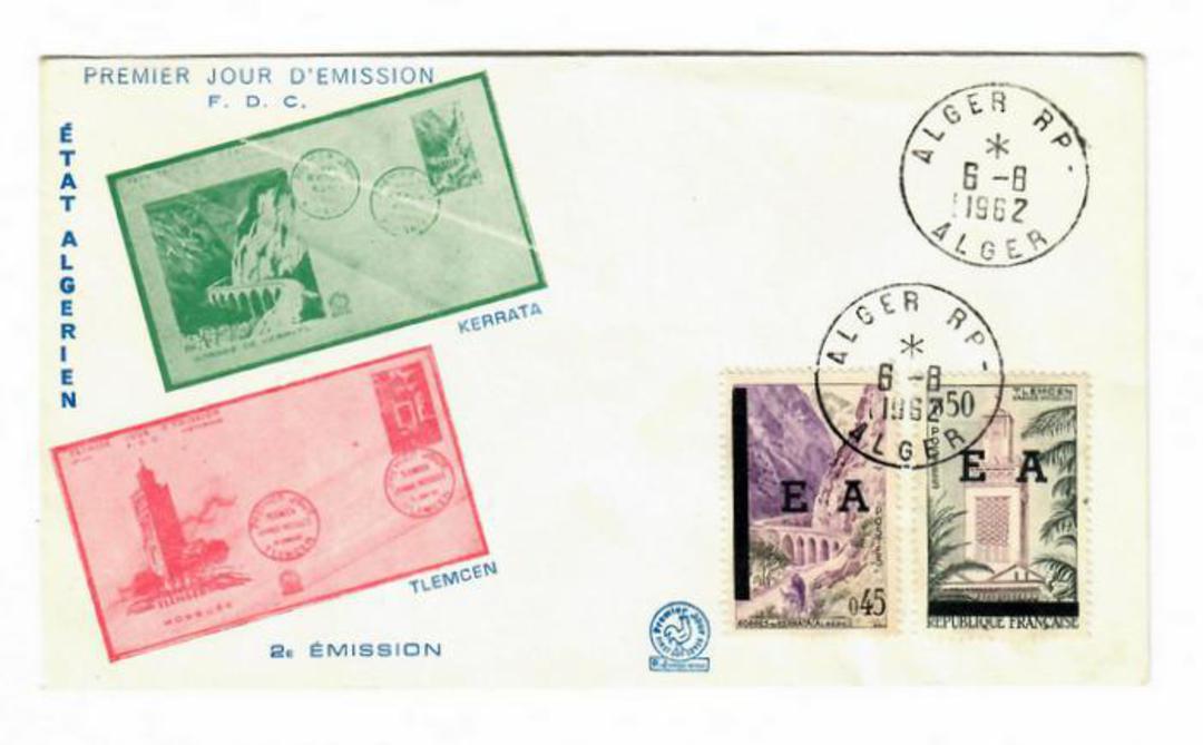 ALGERIA 1962 Independence. Two values of the current French issue overprinted EA on first day cover. One of the stamps has the o image 0