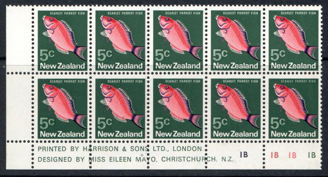 NEW ZEALAND 1970 Pictorial 5c Scarlet Parrot Fish. Plate Block 1B 1B 1B 1B. No watermark. - 15397 - UHM image 0