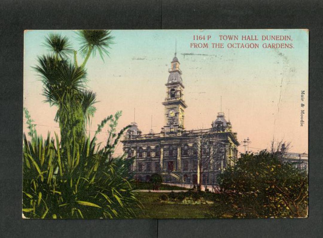 Coloured postcard by Muir and Moodie of Town Hall Dunedin from the Octagon Gardens. - 249108 - Postcard image 0