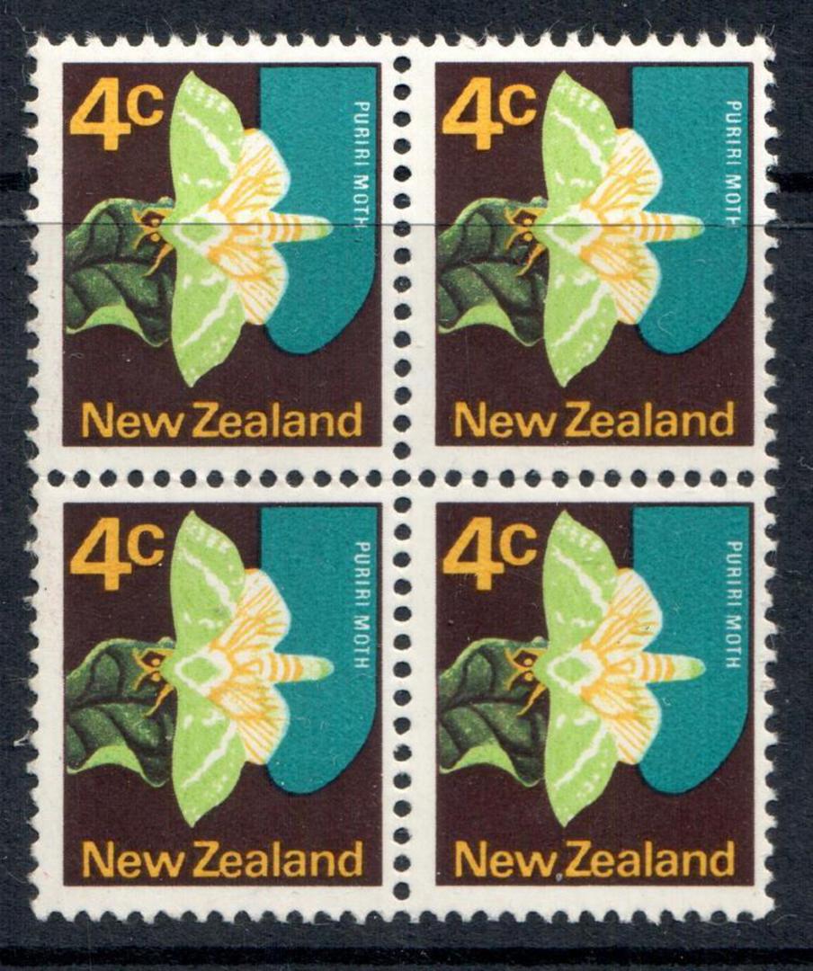 NEW ZEALAND 1970 Pictorial 4c Puriri Moth with the Deep Green colour (the wing veins) missing. Block of 4. Not priced by CP in m image 0