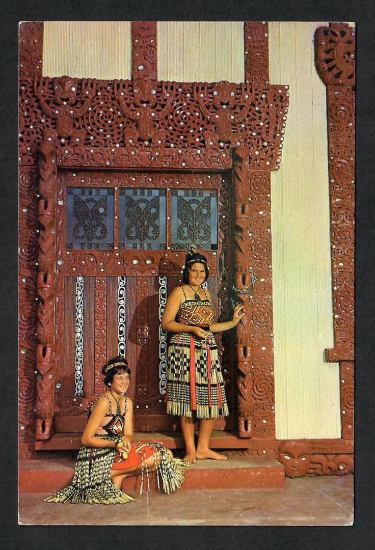 Modern Coloured Postcard by Gladys Goodall of the carved entrance to the Tamatekapua Meeting House. - 444178 - Postcard image 0