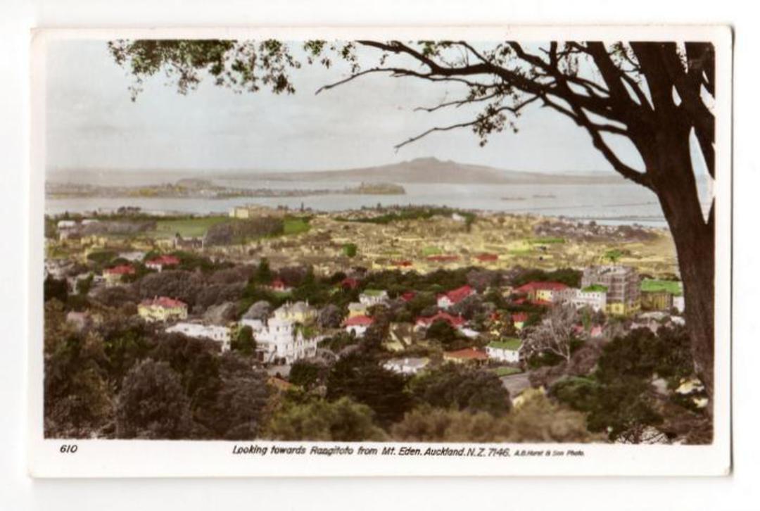 Tinted Postcard by  A B Hurst & Son. Looking towards Rangitoto from Mt Eden. (#45522). - 45523 - Postcard image 0
