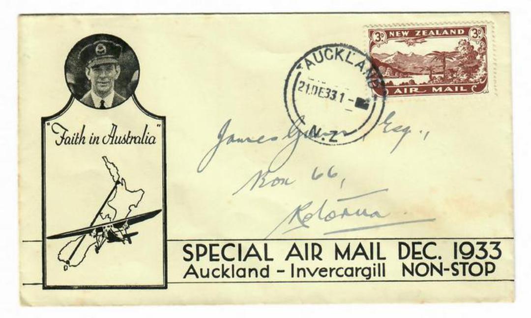 NEW ZEALAND 1933 Special Airmail Auckland to Invercargill sent from Auckland to Rotorua. - 30141 - PostalHist image 0