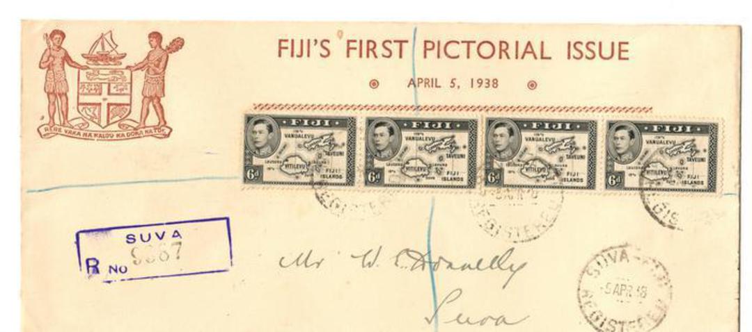 FIJI 1938 Definitive 6d Black x4 on registered first day cover. - 30980 - FDC image 0