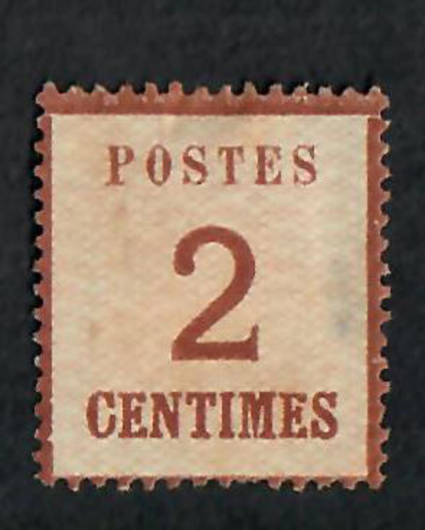 ALSACE and LORRAINE 1870 Definitive 2c Chestnut. Points of the net upwards.  Genuine copy. "P" of Postes 3mm + from left edge. - image 0